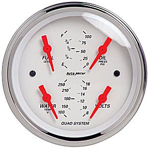 Auto Meter Artic White Series 3 3/8" Short Sweep Quad Gauge - Oil Press. / Water Temp. / Volt / Fuel Level